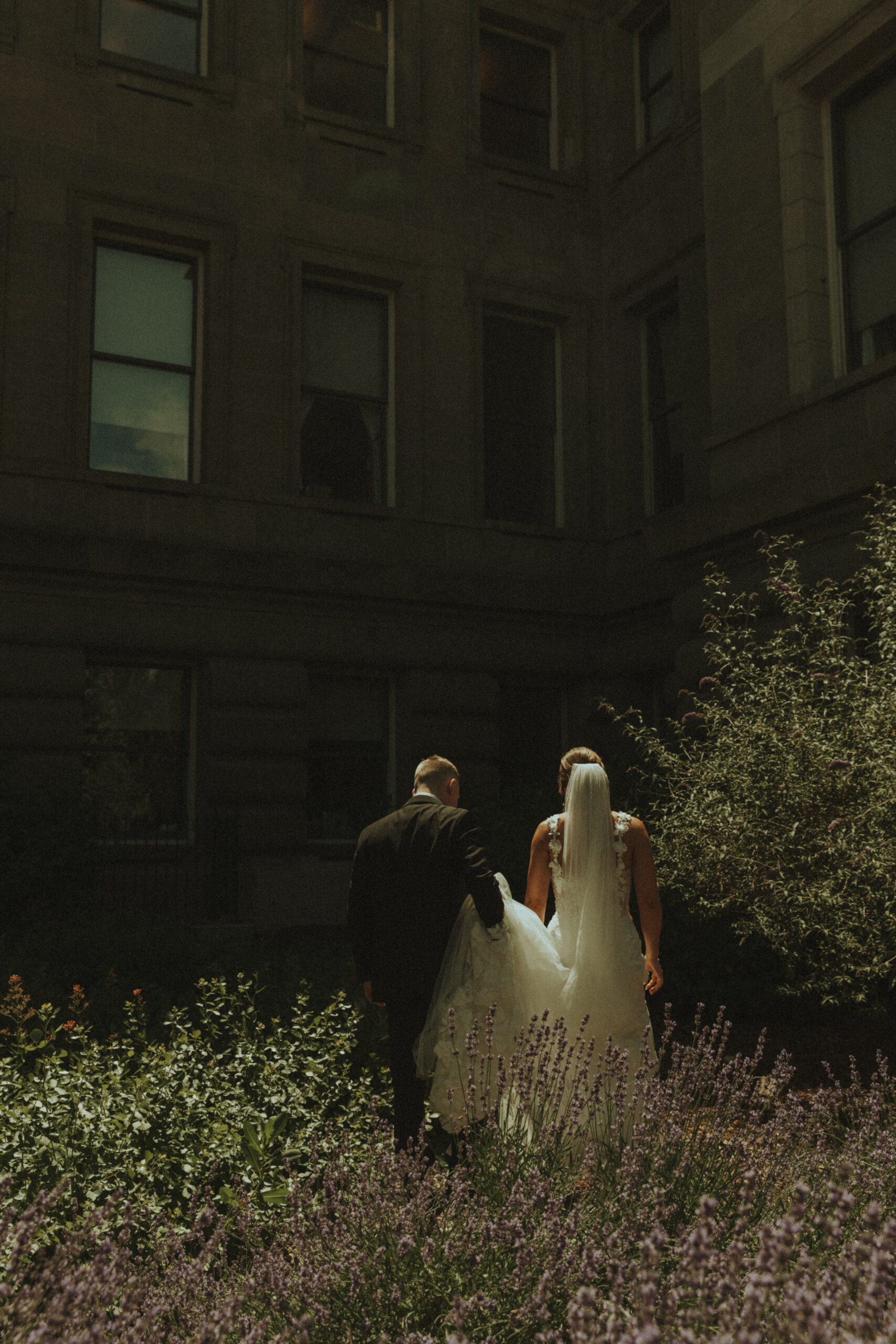 romantic and moody private moment between bride and groom amongst a bundle of lavender
